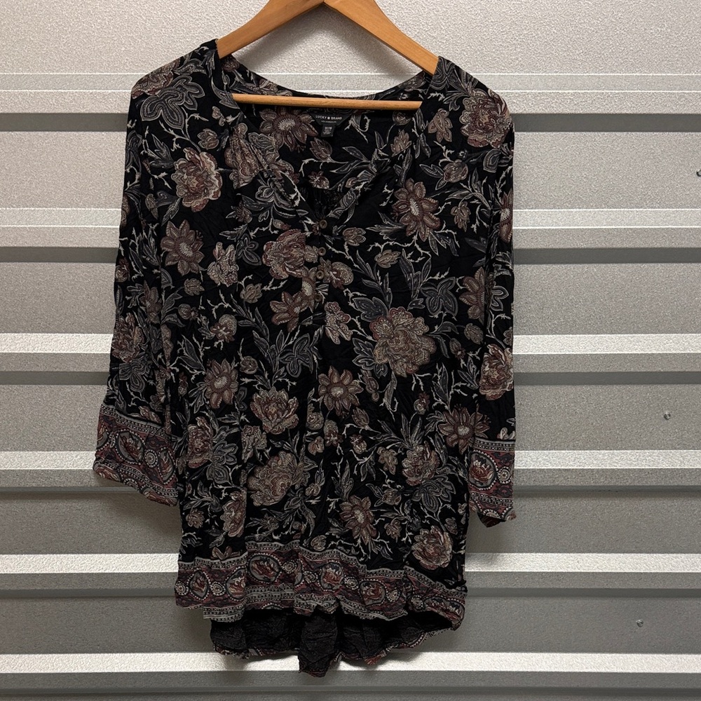 Lucky Brand Women’s Paisley Floral Henley Blouse Plus‎ Size 1X BOHO Artsy Casual